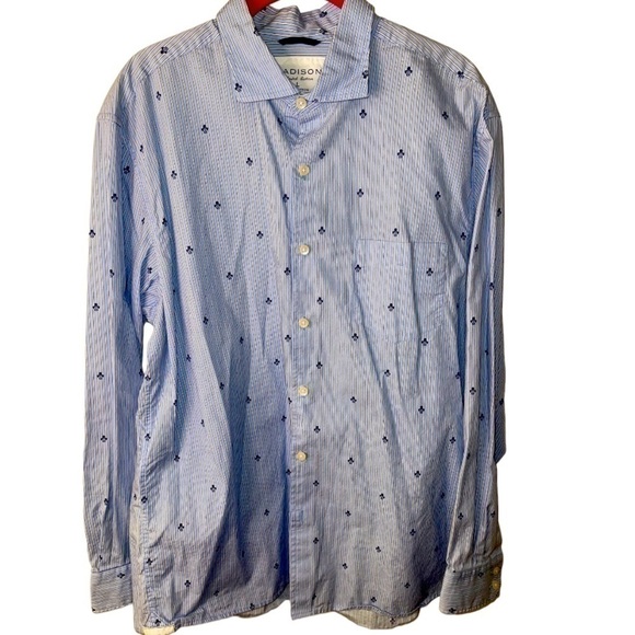 New Orleans MENS MADISON BRAND STRIPED CASUAL SHIRT WITH FLEUR DE LIS SIZE LARGE - Picture 1 of 3